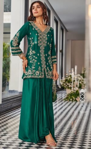 SCF0297-01 Green Embroidered Dola Kurta & Satin Skirt Set
