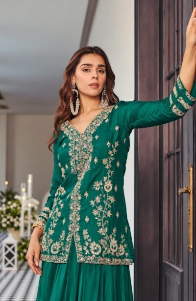 Green Embroidered Dola Kurta & Satin Skirt Set