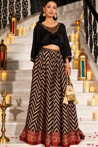 SCF0298-01 Black Satin Top & Chevron Muslin Skirt Set