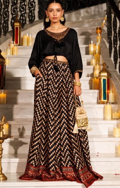 SCF0298-02 Black Satin Top & Chevron Muslin Skirt Set