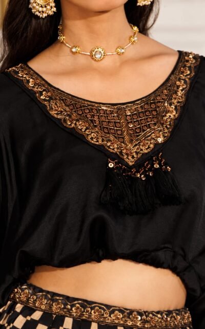 SCF0298-03 Black Satin Top & Chevron Muslin Skirt Set