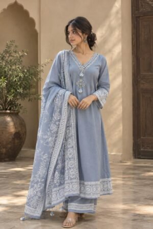 SCF0306-02 Block Print Shoulder Cut Anarkali Set