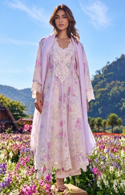 White Embroidered Organza Anarkali Set