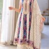 SCF0309-01 White & Blue Border Print Cotton Blend Anarkali Set