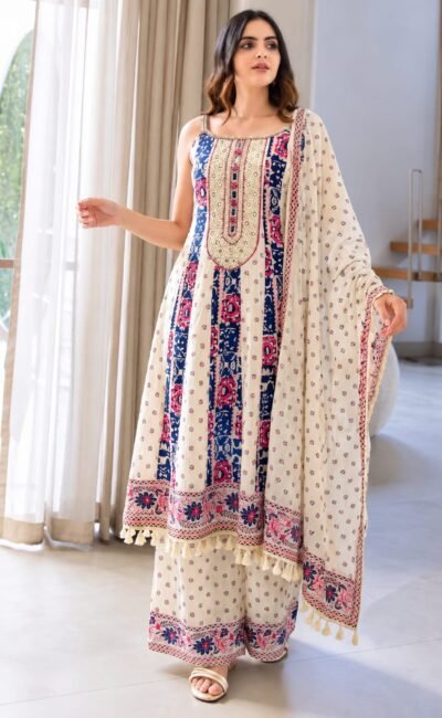 SCF0309-01 White & Blue Border Print Cotton Blend Anarkali Set