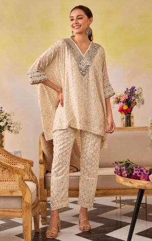 SCF0310-01 White Mirror Detail Chikankari Co-ord Set