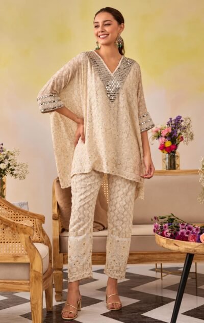 White Mirror Detail Chikankari Co-ord Set