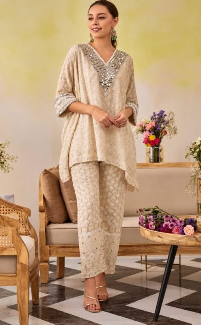 White Mirror Detail Chikankari Co-ord Set