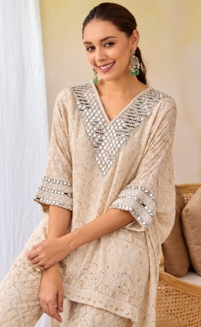 White Mirror Detail Chikankari Co-ord Set