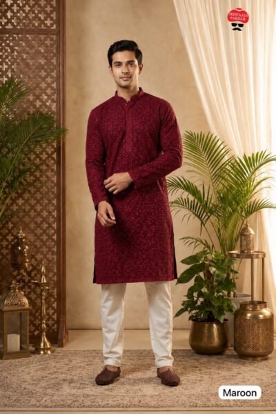 SCF0316-03 Men's Chikan Schiffli Rayon Kurta Pyjama Set